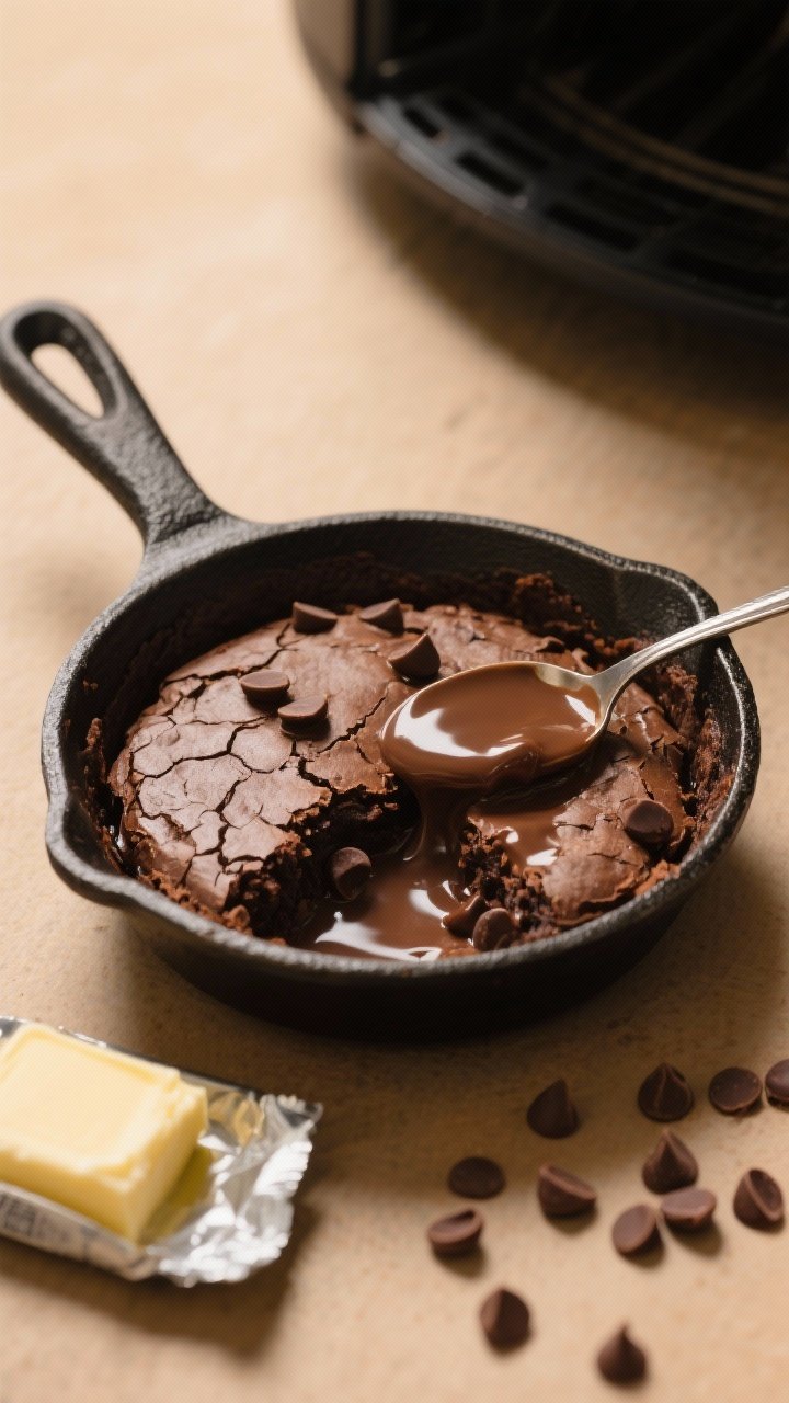 A straight-on intimate shot of a gooey air fryer brownie skillet for two: a small cast-iron skillet with crackly top, a spoon revealing molten chocolate interior with melting semisweet chips; a pat of butter wrapper and scattered chocolate chips nearby; warm, cozy tones, soft highlights on the fudgy texture, minimal props.