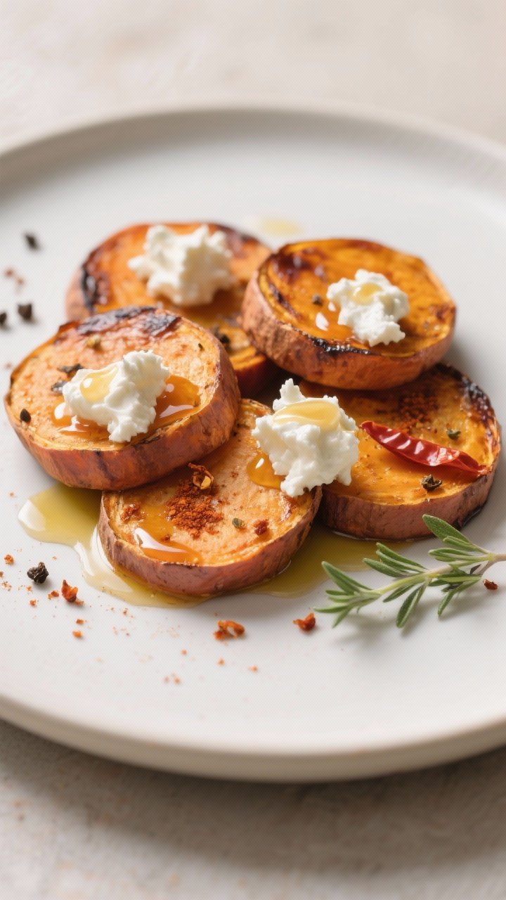 A straight-on, minimalist plate of smoky sweet potato rounds: 1/2-inch-thick slices roasted to caramelized edges, seasoned with olive oil, smoked paprika, cumin, kosher salt, and black pepper; topped with swoops of whipped feta and a glossy drizzle of hot honey, a few chili flakes and thyme leaves scattered, warm tones and soft shadows emphasizing creamy-whipped and sticky-shiny textures