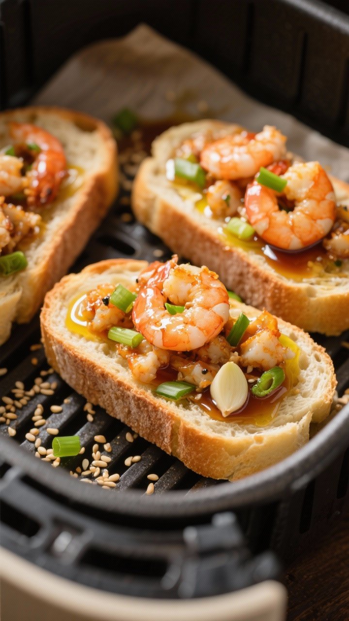 A straight-on process shot of honey-garlic shrimp toasts: baguette slices brushed with olive oil, topped with chopped shrimp mixed with minced garlic, sliced green onions, soy sauce, and honey; toasts nestled in an air fryer basket, glistening with the sticky sauce, sesame seeds sprinkled nearby, warm lighting capturing lacquered shrimp and crisping bread edges