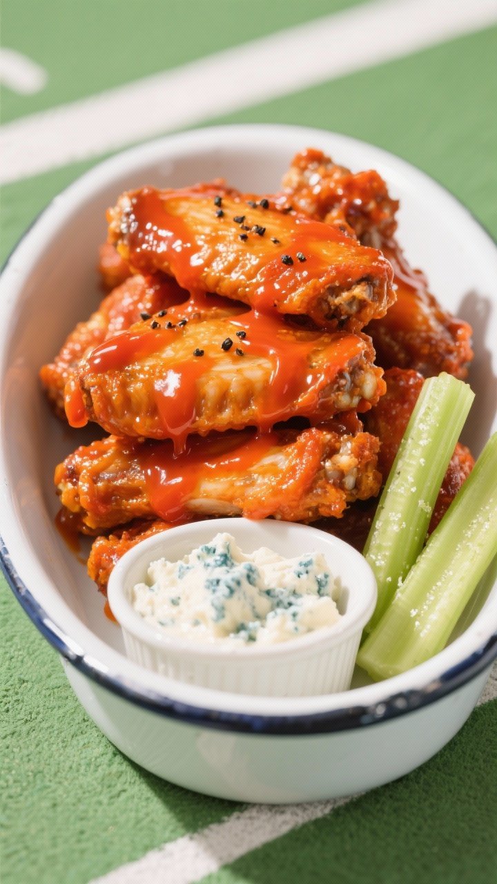A straight-on shot of Buffalo-style cayenne wings stacked high in a white enamel bowl, vivid orange-red Frank’s RedHot butter sauce dripping down, black pepper flecks visible; served with a ramekin of chunky blue cheese dip and crisp celery sticks to the side; baking-powder crisped skin peeking through; clean sports-bar vibe with bright, punchy lighting.