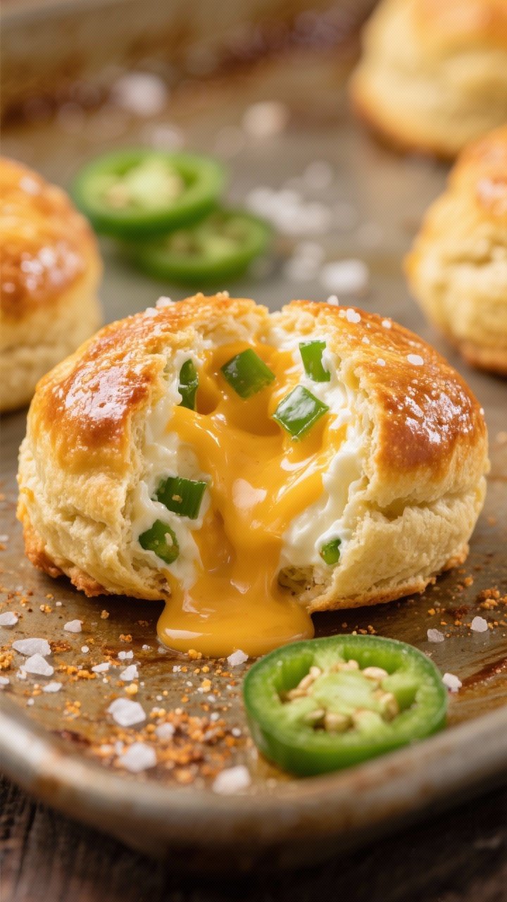 A straight-on, tight close-up of cheesy jalapeño popper bombs made from biscuit dough, split open to reveal molten cream cheese and sharp cheddar studded with finely chopped jalapeños; salt crystals and a hint of garlic powder visible on the glossy, golden crusts, with extra jalapeño slices and a smear of melted cheese on a warm baking sheet.