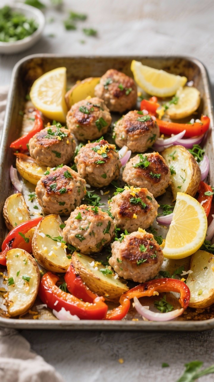 A straight-on tray shot of Greek chicken meatballs with lemon potatoes and peppers. Herbed chicken meatballs (parsley, oregano, garlic) browned and juicy, nestled among lemon-glistening potato wedges and roasted bell pepper strips. Visible grated onion flecks in the meatballs, with a finishing scatter of chopped parsley and lemon zest. Rustic Mediterranean styling on a sheet pan.