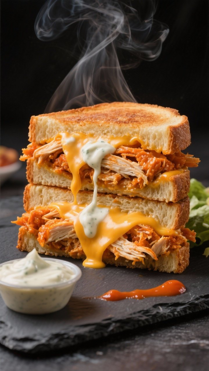 A straight-on, ultra-close action shot of a Buffalo chicken ranch melt cut in half: thick Texas toast stuffed with shredded chicken tossed in vivid orange Buffalo sauce, ribbons of ranch dressing visible between layers, gooey Monterey Jack and cheddar blend stretching in a dramatic cheese pull; extra ranch for dipping and a small smear of Buffalo sauce on the slate board, steam rising, bold contrast and high saturation.