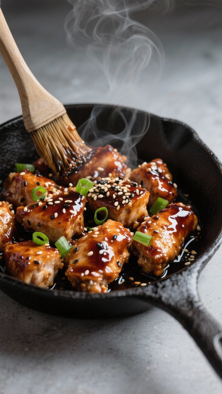 Action close-up at 45 degrees: Sticky-sweet teriyaki chicken bites in a black cast-iron skillet, lacquered glaze clinging to 1-inch thigh pieces marinated with soy sauce, cornstarch, vegetable oil, garlic powder, and black pepper; toasted sesame seeds scattered over and a few sliced green onions for pop; a basting brush resting on the skillet edge, light steam visible. Moody, glossy highlights to emphasize sticky sauce and sesame crunch.
