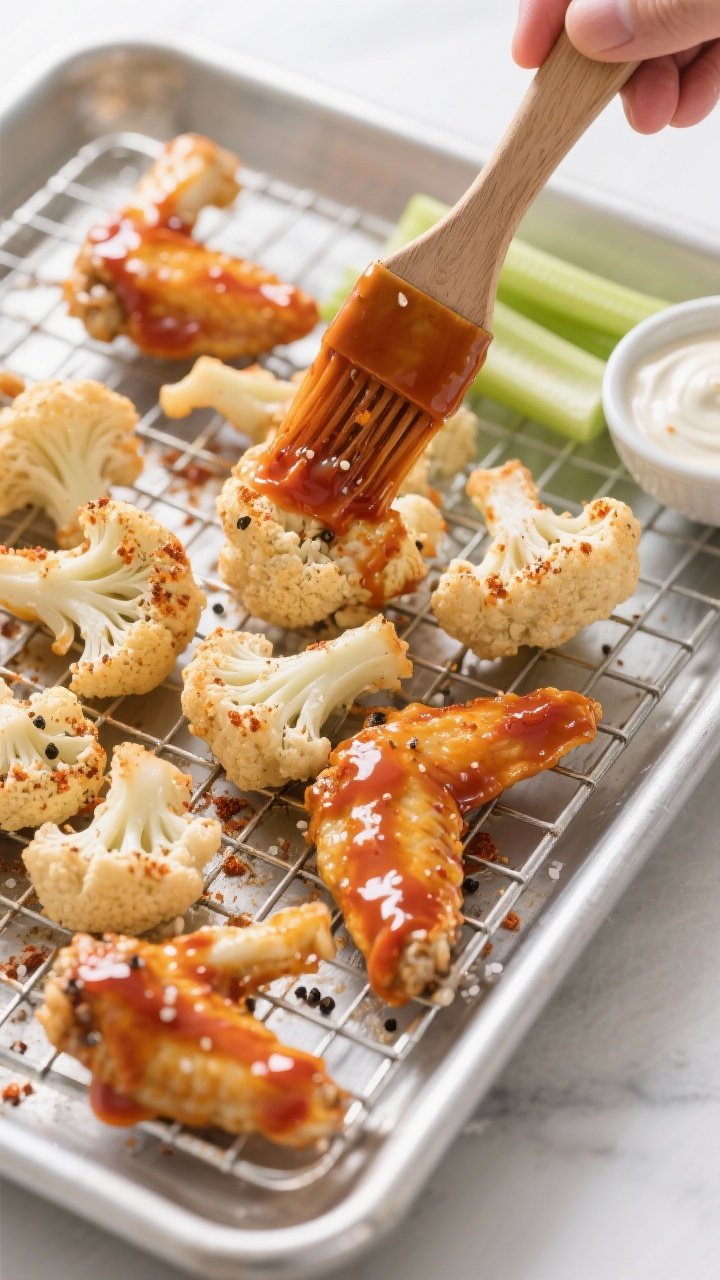 Action-oriented 45-degree shot of spicy cauliflower “wings” being glazed: cauliflower florets coated in a light batter of flour and water, seasoned with garlic powder, smoked paprika, kosher salt, and a hint of black pepper; a brush applying sticky buffalo glaze that drips enticingly; arranged on a wire rack over a sheet pan; celery sticks and a small bowl of ranch off to the side; vivid color contrast under bright studio light.