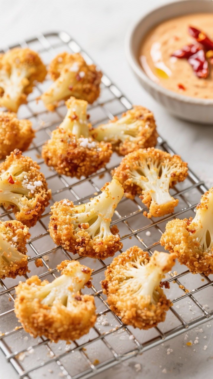 An overhead action-style shot of bang bang cauliflower bites on a wire rack: florets coated through cornstarch, egg, and panko breadcrumbs seasoned with garlic powder and kosher salt, lightly misted with olive oil spray, deeply golden and crunchy; a side bowl of creamy chili sauce with chili flecks, drips on the rack for texture, bright, punchy colors and crisp highlights