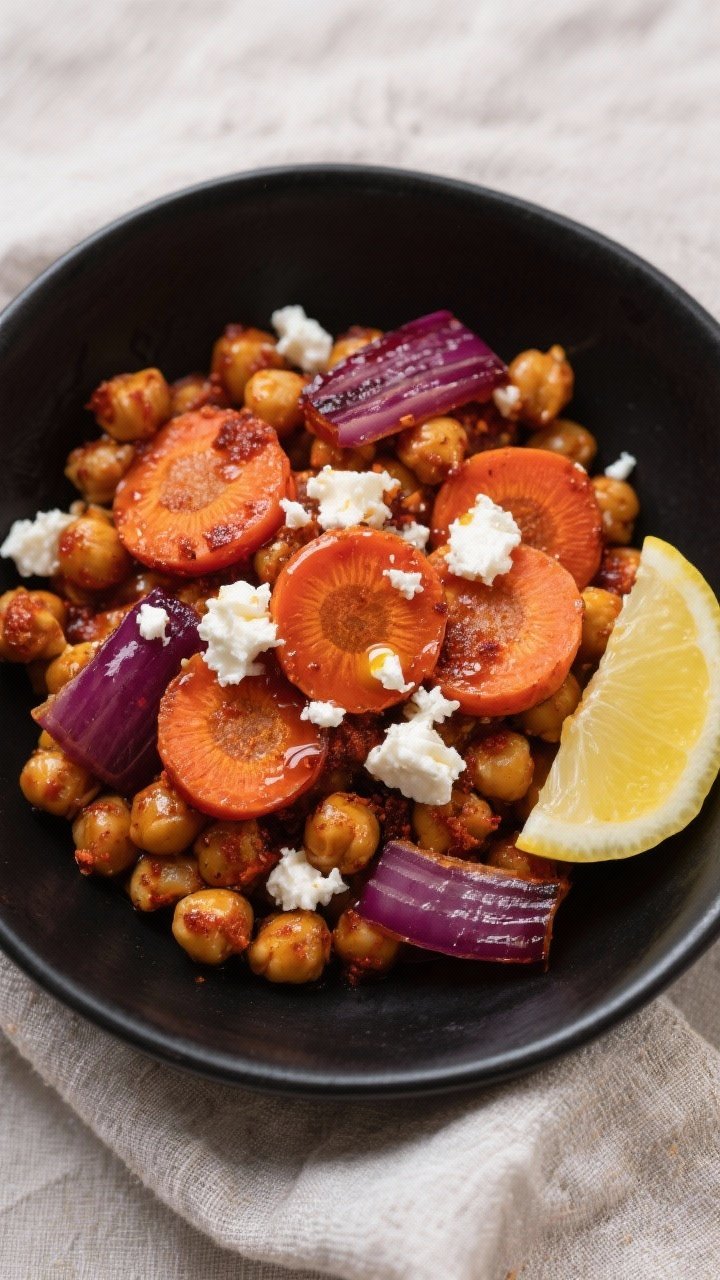 An overhead bowl shot of harissa chickpea bowls: roasted chickpeas with a deep brick-red harissa gloss, caramelized carrot coins, and purple-edged roasted red onion wedges. Crumbled feta scattered on top, with a drizzle of olive oil and a lemon wedge on the side. The textures pop—crisped chickpeas, tender carrots—styled in a matte black bowl over a linen for a modern Middle Eastern vibe.