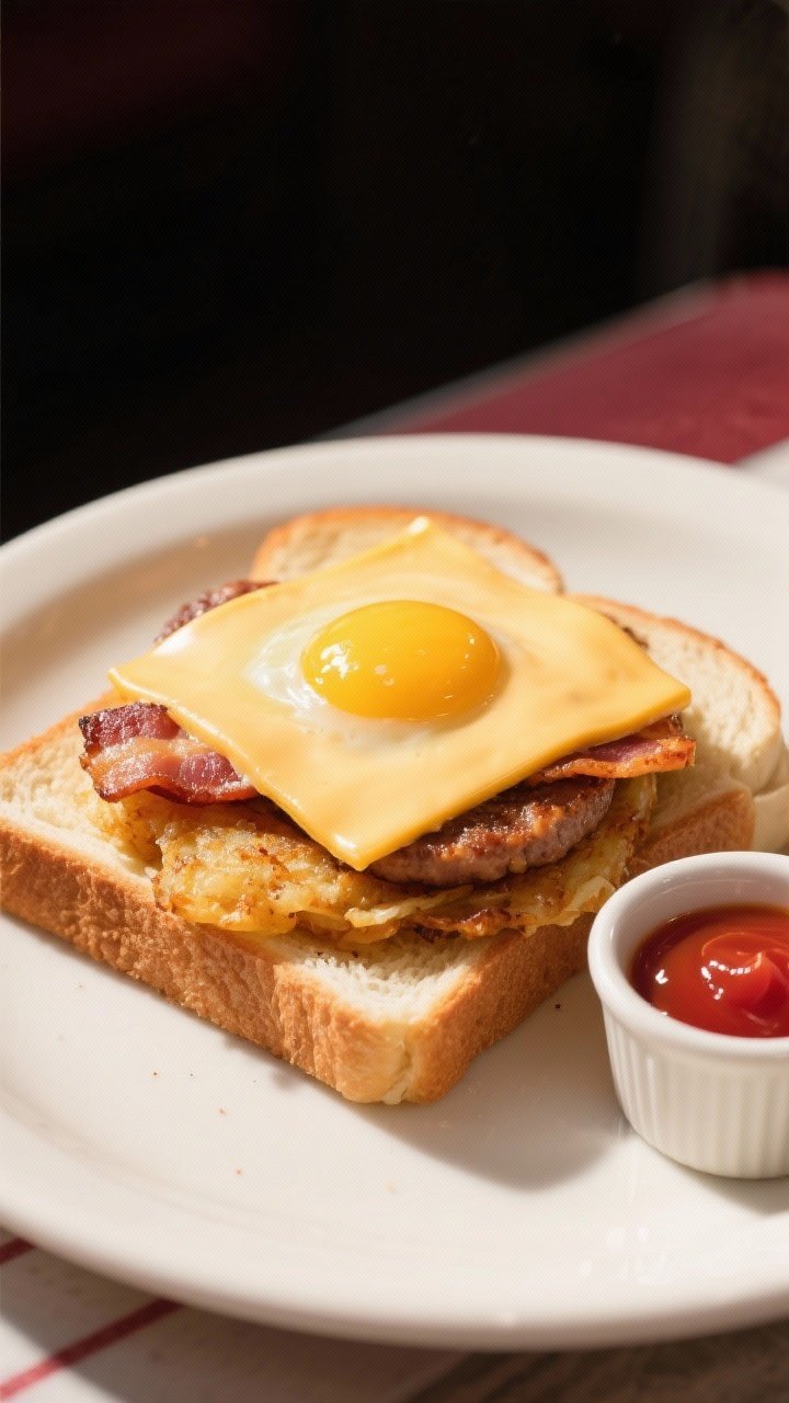 An overhead breakfast melt on thick white/potato bread: crispy golden hash brown patty, a just-set fried egg with a runny yolk, two slices of bacon (or a sausage patty) tucked beneath a melting square of American cheese that drapes over the edges; toast is evenly browned, a small ramekin of ketchup on the side, morning light on a diner-style plate, inviting and indulgent.