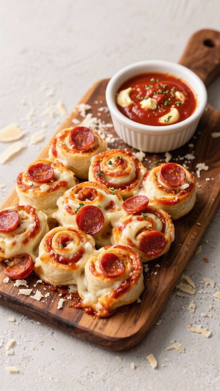 An overhead flat lay of loaded pepperoni pizza rolls on a wooden board, spirals showing gooey low-moisture mozzarella, mini pepperoni, and streaks of pizza sauce; a ramekin of extra pizza sauce for dipping, a gloss of garlic butter on top with flecks of Italian seasoning, and scattered parmesan crumbs for texture.