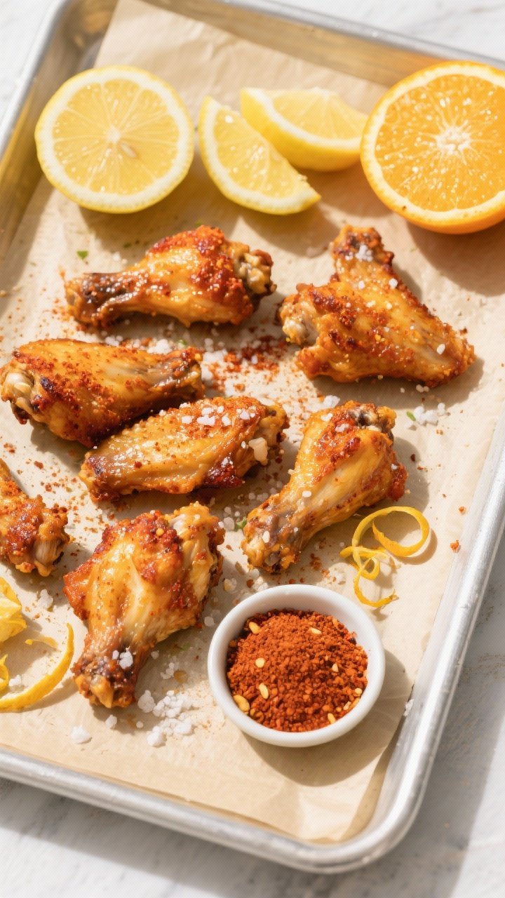 An overhead flat lay of peri-peri citrus crunch wings on a parchment-lined baking tray, skin blistered and crisp from baking powder, dusted with peri-peri seasoning, paprika, garlic powder, and kosher salt; zesty citrus mood with halved lemons and oranges squeezed nearby, zest curls scattered; a small bowl of peri-peri spice mix included; bright, sunlit styling.