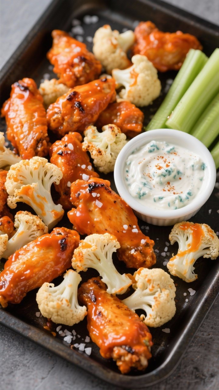 An overhead “game-day” style platter of buffalo cauliflower and chicken “wings.” Bite-size boneless chicken pieces and cauliflower florets both coated in vivid orange buffalo sauce, lightly charred from the air fryer. Served with celery sticks, a ramekin of creamy ranch or blue cheese dip, and a sprinkle of garlic powder and kosher salt crystals. Glossy sauce sheen and contrasting textures emphasized.
