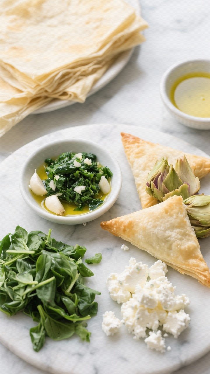 An overhead ingredient-prep shot for shortcut “spanakopita” triangles: a neat mise en place of chopped fresh spinach (or well-squeezed thawed spinach), minced garlic sizzling in a small dish of olive oil, finely chopped artichoke hearts, and crumbled feta. Include a stack of ready phyllo or wrapper sheets and a small bowl of water/olive oil for sealing. Cool, bright light on a marble surface, showing green spinach, ivory artichokes, and snowy feta contrasting with golden pastry sheets; clean styling that suggests assembly before air frying.