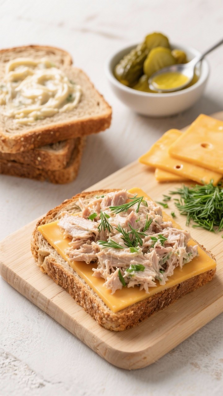 An overhead ingredient-to-assembly scene for a tuna melt: whole-grain or rye bread slices, a bowl of tuna mixed with mayonnaise and Dijon, finely chopped dill pickles, a spoonful of pickle brine or lemon juice, and finely chopped fresh dill ready to fold in; sharp cheddar slices waiting to top; one open-faced slice already piled with tuna salad and cheddar, ready to air fry; clean wooden board, bright natural light, crisp textures.