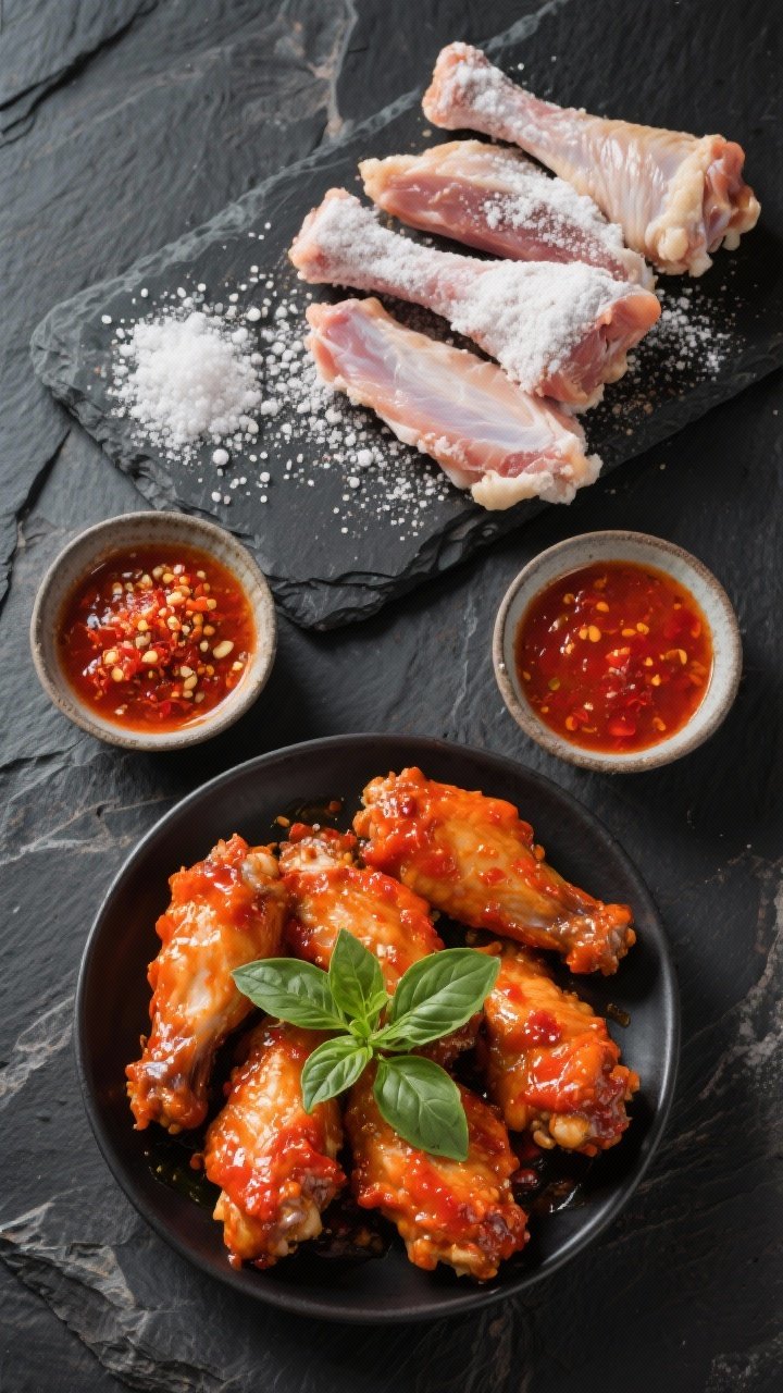 An overhead ingredient-to-finish diptych-style setup: on one side, raw flats and drums dusted with cornstarch, kosher salt, and white pepper; on the other, finished Thai nam prik wing inferno coated in a glossy red-orange mix of Thai sweet chili sauce and nam prik pao, garnished with fresh Thai basil leaves; small bowls of the two sauces placed between; clean, modern styling on a dark stone background.