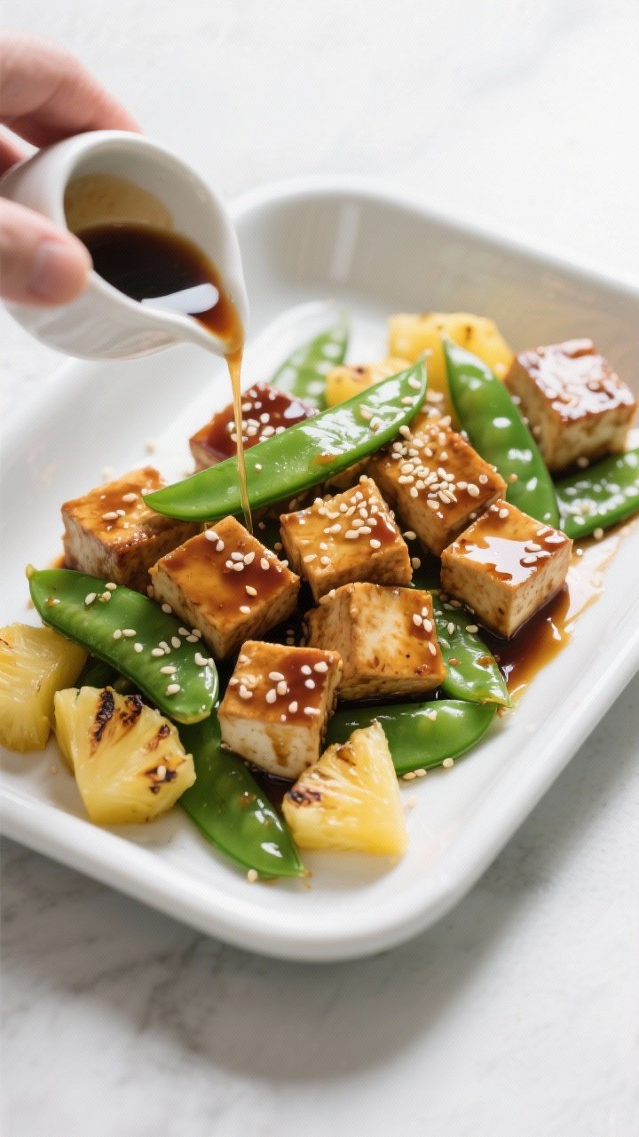 An overhead ingredient-to-pan transition shot of teriyaki tofu with pineapple and snap peas. Cubes of extra-firm tofu lacquered in teriyaki, caramelizing at the edges; bright green sugar snap peas still crisp; golden pineapple chunks slightly charred. Sesame seeds sprinkled over, with a small pourer of teriyaki sauce nearby. Clean, glossy look on a white enamel tray.
