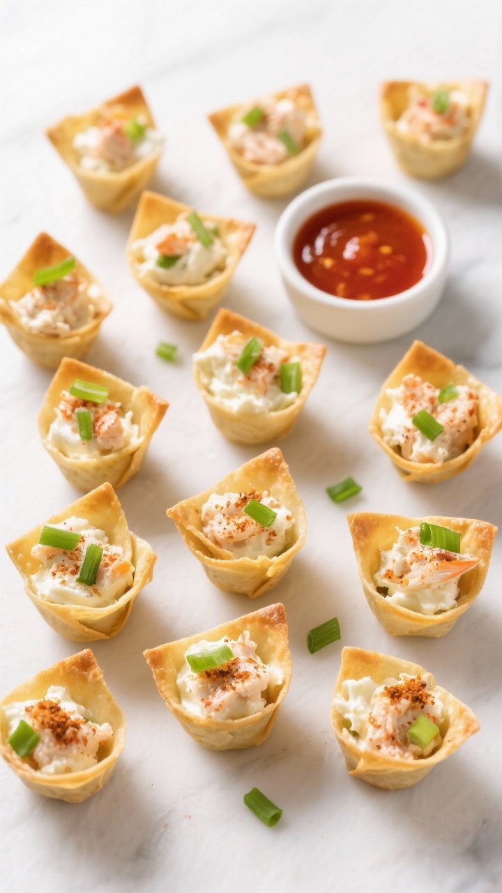 An overhead neatly arranged appetizer spread of Old Bay crab rangoon cups: square wonton wrappers air-fried into golden cups, filled with a creamy mixture of softened cream cheese, lump crab meat, finely sliced green onions, Worcestershire sauce, and Old Bay seasoning; garnished with extra scallions, served with a small bowl of sweet chili dip, bright and crisp studio lighting