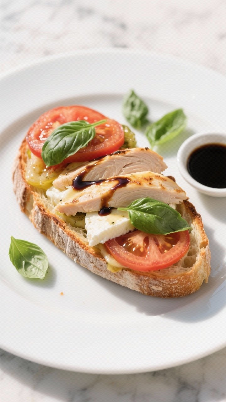 An overhead plated shot of a Caprese chicken melt on sturdy sourdough: sliced cooked chicken breast layered with fresh mozzarella, juicy tomato slices patted dry, and bright basil leaves, all melted and finished with a glossy balsamic drizzle; lightly toasted bread edges, a few scattered basil leaves and a small dish of extra balsamic nearby, clean white plate on a sunlit marble surface, bright and fresh mood.