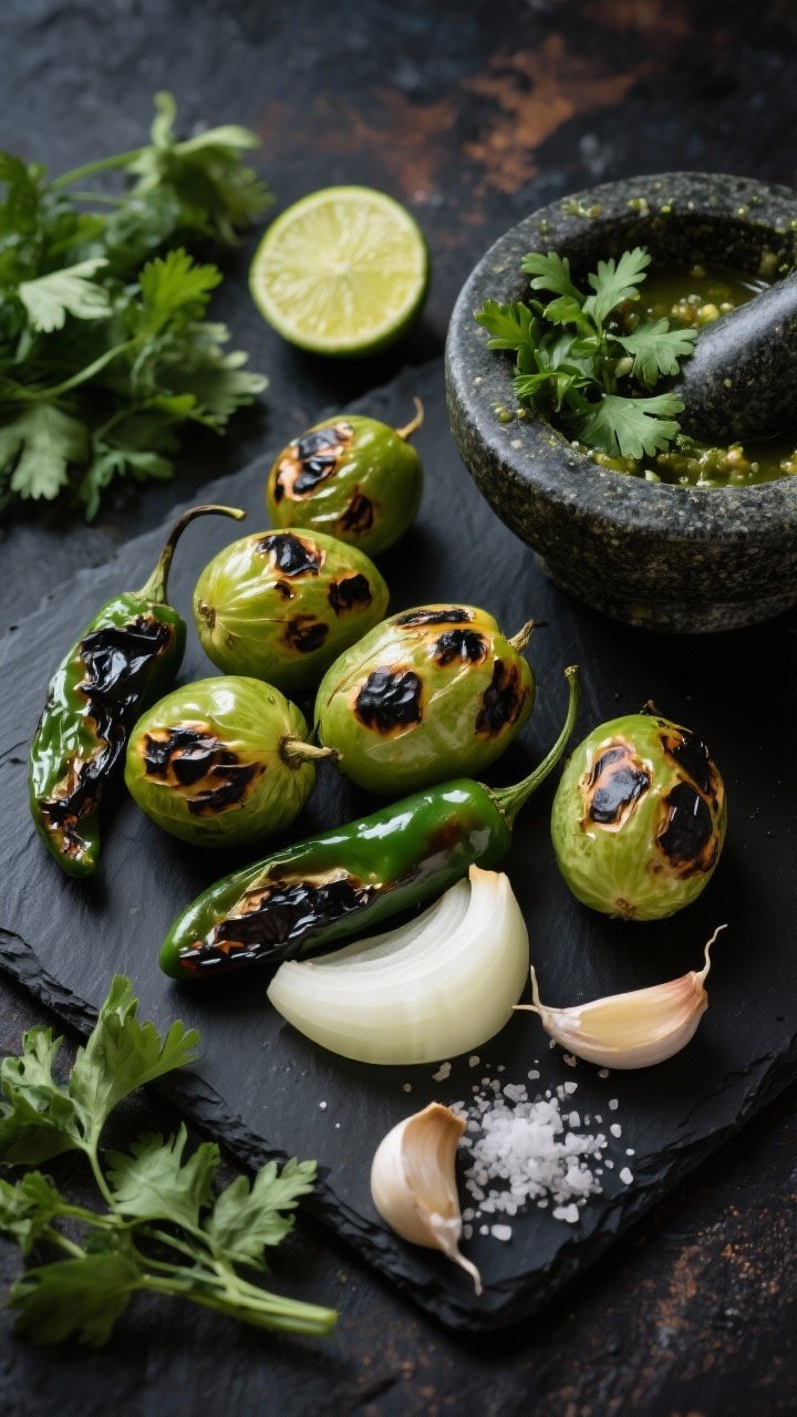 An overhead shot of charred salsa verde prep straight from the air fryer: blistered tomatillos with blackened spots, charred jalapeños, quartered white onion, and unpeeled garlic cloves on a dark sheet; a mortar holding fresh cilantro and a halved lime ready to squeeze; coarse salt pinched nearby; vibrant greens against smoky char, rustic styling.