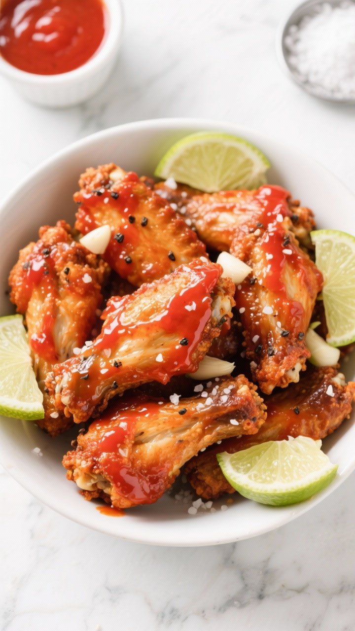 An overhead shot of crispy air-fried Sriracha lime starter wings piled in a shallow white bowl, glossy with a vibrant red Sriracha glaze and speckled with black pepper and garlic, lime wedges tucked around the edges, sprinkled with flaky kosher salt; flats and drums visible for texture contrast; styled on a light marble surface with a small ramekin of extra Sriracha and a dusting of aluminum-free baking powder in the background, bright and zesty mood.