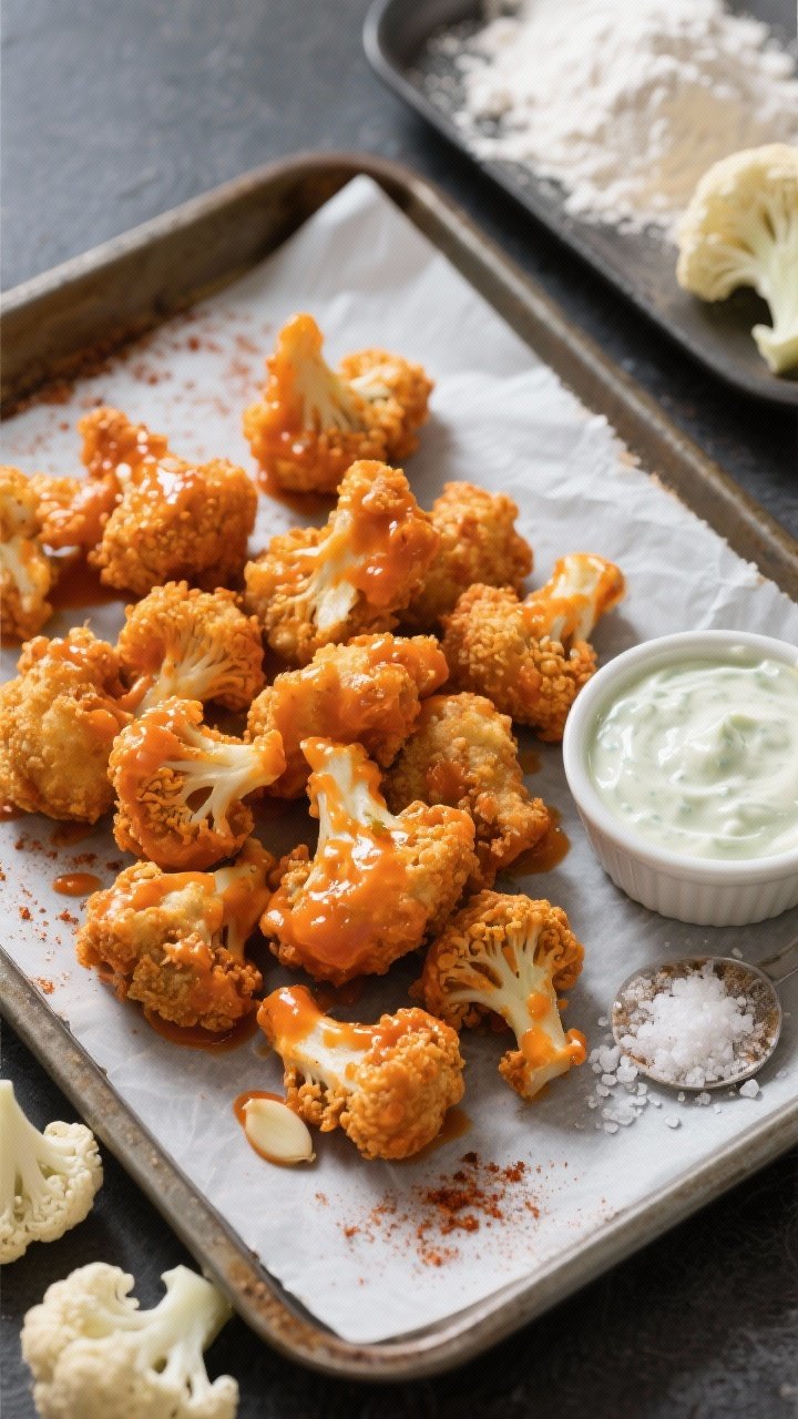 An overhead shot of crispy Buffalo cauliflower bites just out of the air fryer, deeply golden and craggy, tossed in bright orange buffalo sauce with visible specks of smoked paprika and garlic powder; a small ramekin of cool ranch on the side, scattered kosher salt, and raw cauliflower florets and a dusting of flour and cornstarch in the background on a parchment-lined tray for context, styled on a slate surface for high contrast.