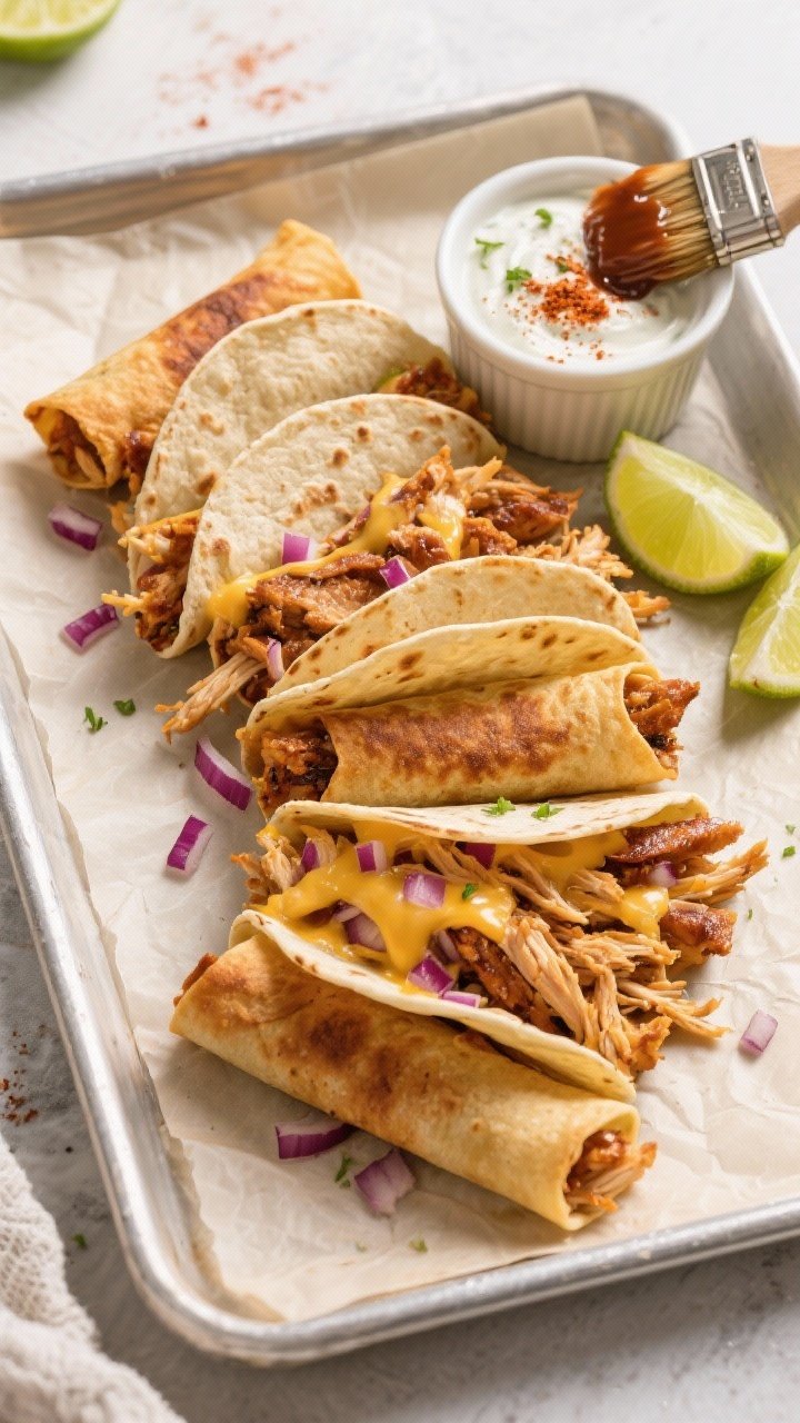 An overhead shot of crunchy BBQ chicken taquitos arranged in a fan on a parchment-lined tray, tortillas blistered and crisp, ends showing strands of shredded chicken, melted Monterey Jack, and flecks of red onion; a ramekin of smoky lime crema with chili powder and lime zest on the side, and a brush dipped in BBQ sauce nearby.