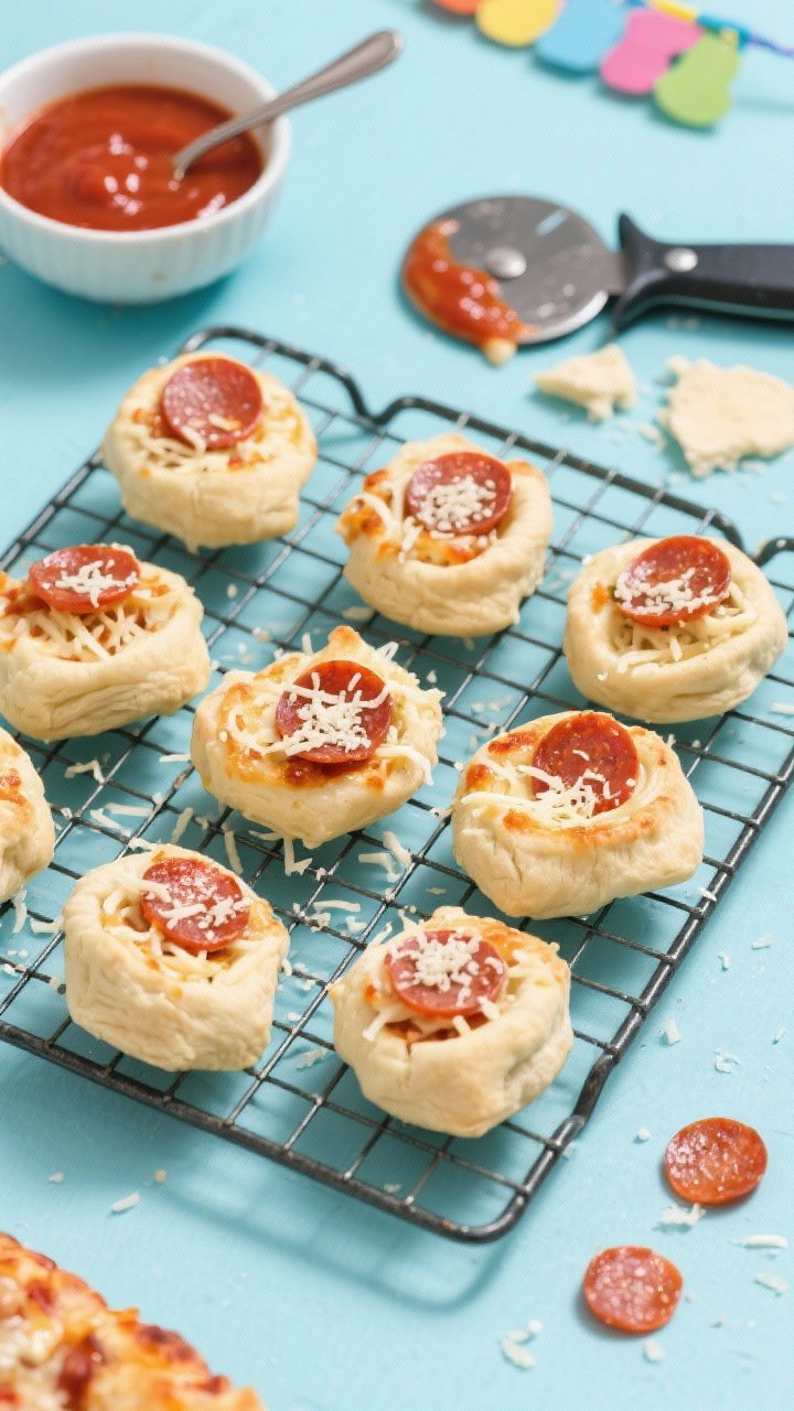 An overhead shot of mini pizza puffs on a wire rack, airy bites made from refrigerated pizza dough stuffed with shredded mozzarella, mini pepperoni, and a spoonful of pizza sauce, sprinkled with grated cheese; extra marinara for dipping in a small bowl, a pizza cutter and bits of dough and pepperoni scattered for context, bright kid-party vibe.