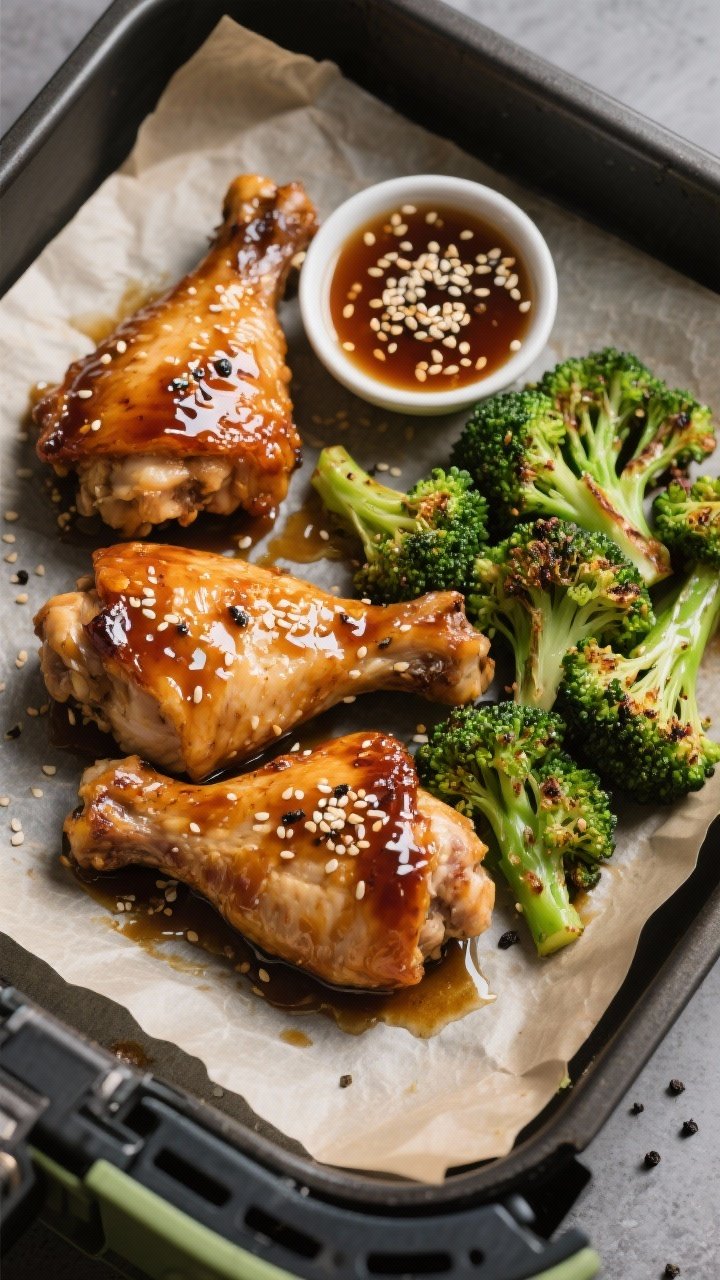 An overhead shot of sticky honey-garlic chicken thighs glistening with a thick honey-soy-garlic glaze, nestled beside sesame-sprinkled roasted broccoli florets. The chicken thighs are boneless and juicy with caramelized edges; broccoli is bright green with slight char. Styled on a parchment-lined air fryer tray, with a small dish of extra honey-garlic sauce, sesame seeds scattered, and a hint of black pepper; neutral, moody lighting to enhance the glossy sauce.