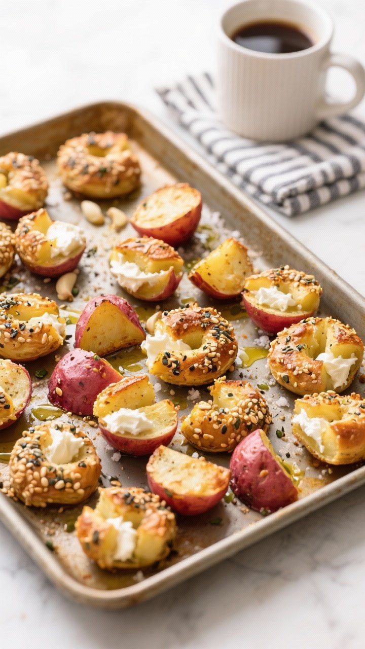 Bright breakfast overhead of everything bagel breakfast potato bites on a sheet pan, red potato chunks roasted with olive oil, everything bagel seasoning, garlic powder, and a light sprinkle of kosher salt; small pockets of softened cream cheese tucked among the bites, a golden, toasty seed crust visible; styled with a coffee mug and a striped napkin for a morning scene.