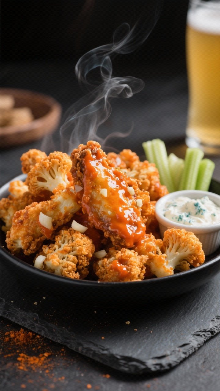 Close-up, 45-degree angle: Air-fried Buffalo cauliflower “wings” piled in a matte black shallow bowl, ultra-crispy craggy batter from flour, cornstarch, and baking powder, tossed in glossy orange Buffalo sauce; sprinkled with garlic and onion powder specks, steam rising; served with a ramekin of cool ranch or blue cheese dip, celery sticks on the side, on a dark slate surface with a light beer in the blurred background. Professional lighting emphasizing crunchy texture and saucy sheen.