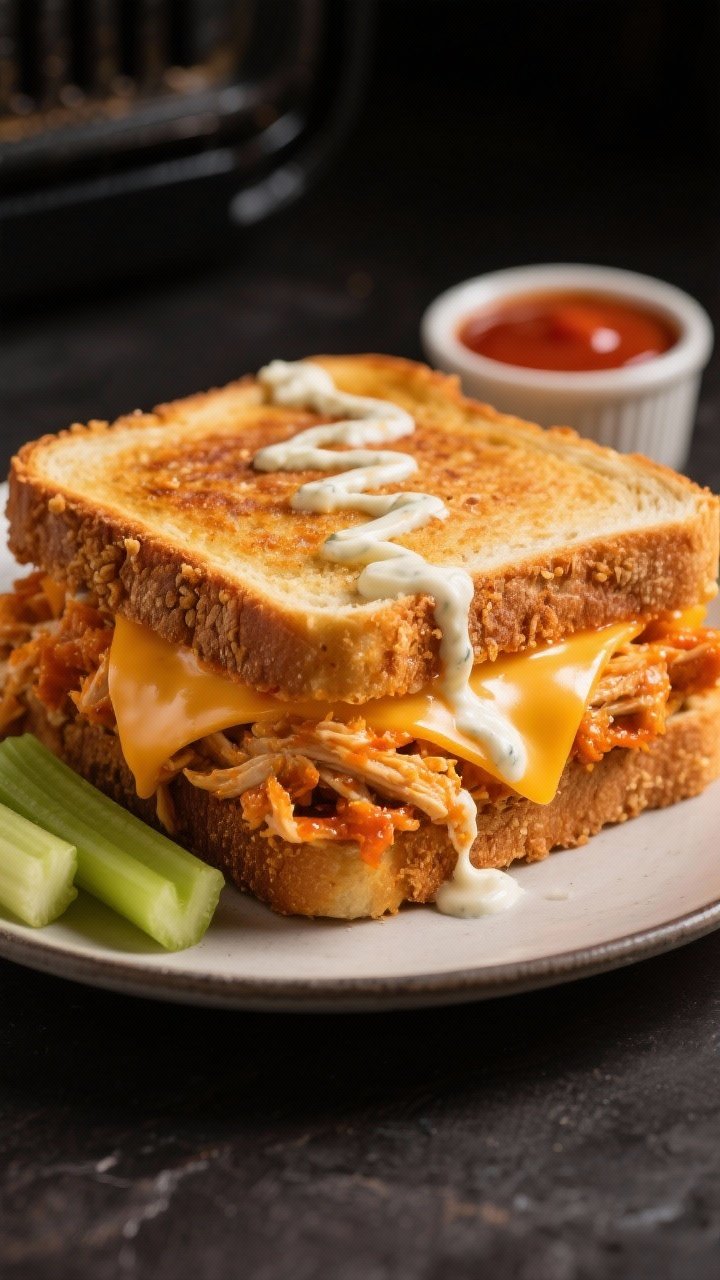 Close-up, 45-degree angle of a Buffalo Chicken Crunch Melt just out of the air fryer: sturdy sourdough slices golden and crisp, oozing sharp cheddar, shredded chicken coated in glossy orange buffalo wing sauce, a streak of ranch inside and a cool ranch drizzle zigzag on top. Include visible crunchy edges, a side ramekin of extra buffalo sauce and ranch, and a few celery sticks for color. Warm, moody sports-night vibe, shallow depth of field to highlight melty cheese pull.