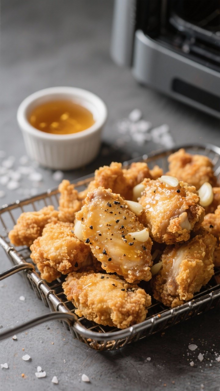 Close-up, 45-degree angle of crispy honey-garlic chicken bites just out of the air fryer basket, glistening with a light honey sheen and speckled with garlic powder and black pepper; golden, craggy edges from cornstarch coating; a small ramekin of honey-garlic glaze in the background, scattered kosher salt flakes; neutral slate surface, moody side light to emphasize texture.