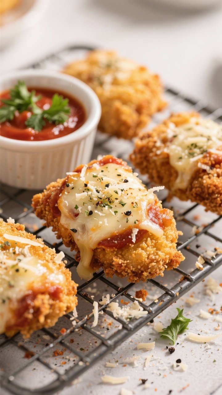 Close-up, 45-degree angle of extra-crispy chicken parm bites fresh from the air fryer on a wire rack, golden panko crust speckled with grated Parmesan, Italian seasoning, garlic powder, and black pepper visible on the surface; served with a small ramekin of warm marinara, scattered parsley, and a dusting of extra Parm; shallow depth of field to emphasize crunch and melted cheese flecks, warm directional light for appetizing gloss.