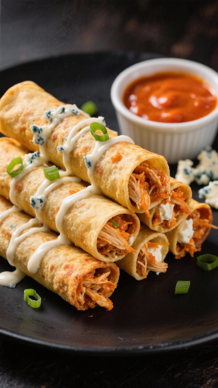 Close-up, 45-degree angle of golden, tightly rolled buffalo chicken taquitos fresh from the air fryer, stacked on a matte black platter with a creamy blue cheese drizzle zigzagged on top; visible shredded chicken mixed with orange-hued buffalo sauce, cream cheese, and melted Monterey Jack peeking from the ends; a ramekin of extra buffalo sauce and crumbles of blue cheese on the side; garnished with finely sliced green onions; dramatic side light to emphasize crispy blistered flour/corn tortillas.