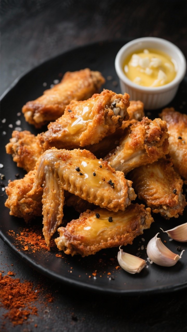 Close-up, 45-degree angle: Ultra-crispy air-fried chicken wings piled on a matte black platter, golden blistered skin dusted with baking-powder crisp, visible flecks of kosher salt, black pepper, and smoked paprika. A glossy garlic-butter drizzle clings to the ridges; a small ramekin of melted butter with minced garlic sits beside scattered garlic cloves and paprika dust. Warm, moody lighting emphasizes crackling texture; no garnish beyond the seasonings.