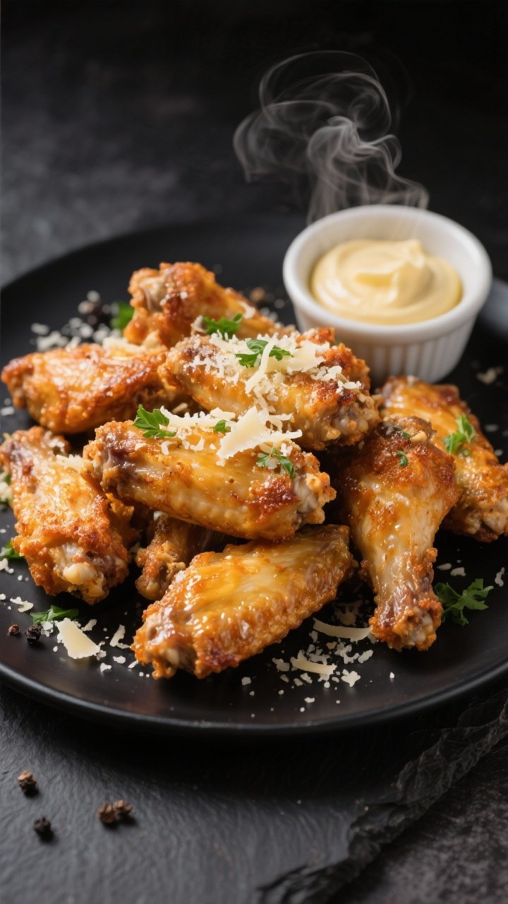 Close-up, 45-degree angle: Ultra-crispy garlic parmesan chicken wings piled on a matte black platter, golden blistered skin from baking powder seasoning, glistening with melted unsalted butter, garlic powder, black pepper, and kosher salt, showered with finely grated parmesan and chopped parsley, ramekin of extra garlic butter on the side, steam rising, set on a dark slate surface for contrast.