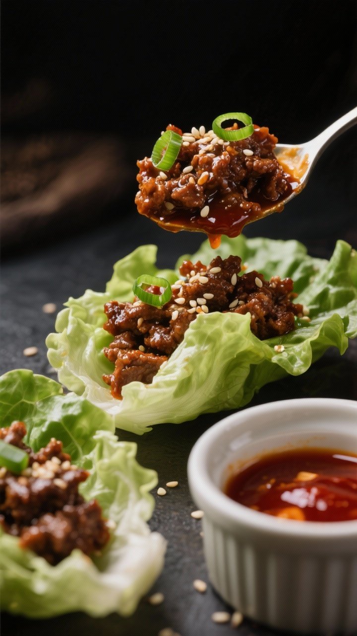 Close-up action shot of Korean-inspired beef lettuce wraps: glossy, caramelized ground beef glazed with gochujang, soy sauce, brown sugar/honey, rice vinegar, sesame oil, and garlic, spooned into crisp butter lettuce cups, topped with sesame seeds and thinly sliced green onions, extra gochujang in a ramekin, moody contrast lighting to emphasize the sticky-sweet sheen.