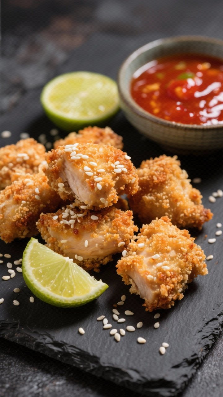 Close-up action shot of sesame chicken bites just out of the air fryer: panko-crusted chicken thigh pieces coated in cornstarch-egg-panko with white sesame seeds, showing a shattering crisp exterior. A glossy sweet chili lime dip in a small bowl catches reflections; lime wedges and scattered sesame seeds on a dark slate create contrast, with gentle heat mood via warm highlights.