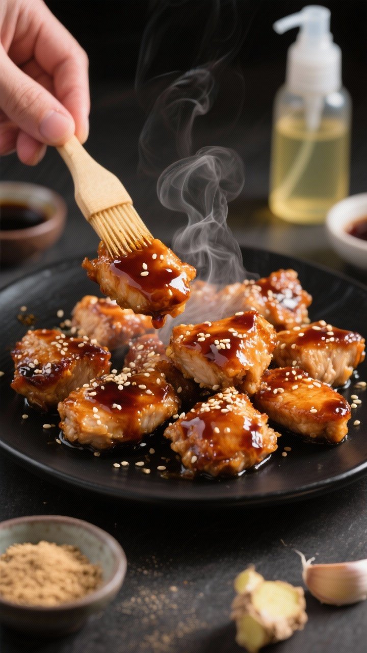 Close-up action shot of Sticky Teriyaki-Ginger chicken bites being brushed with lacquered teriyaki sauce: caramelized edges, sesame seeds sprinkled on top for crunch, and wisps of steam rising. Include visual cues of soy sauce, ground ginger, and garlic powder by styling small pinch bowls nearby; show a light oil spray bottle in the background. Use a matte black plate to make the glossy glaze pop; tight depth of field to emphasize sticky texture and sesame sparkle.