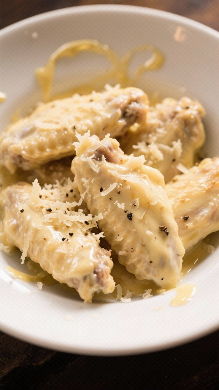 Close-up, creamy Garlic-Parmesan wings in a shallow white bowl: velvety butter-and-cream sauce clinging to each wing, finely grated Parmesan melting into glossy ribbons, specks of Italian seasoning and cracked black pepper; extra Parmesan showered on top, with a few golden butter drips around the rim; warm, inviting lighting that emphasizes richness