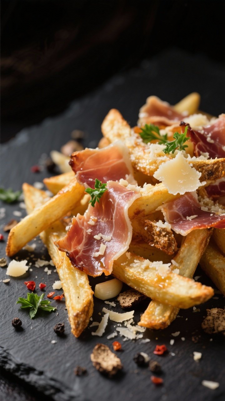 Close-up glam shot of garlic-parmesan truffle fries with crispy prosciutto: shoestring fries glistening with a butter-olive oil garlic toss, flecks of minced garlic and a hint of red pepper flakes visible, showered with finely grated Parmesan and a restrained truffle oil sheen. Paper-thin prosciutto strips roasted to crisp chips scattered over. Shot in moody light on a dark slate, micro parsley and cracked black pepper for texture, ultra-crisp details.