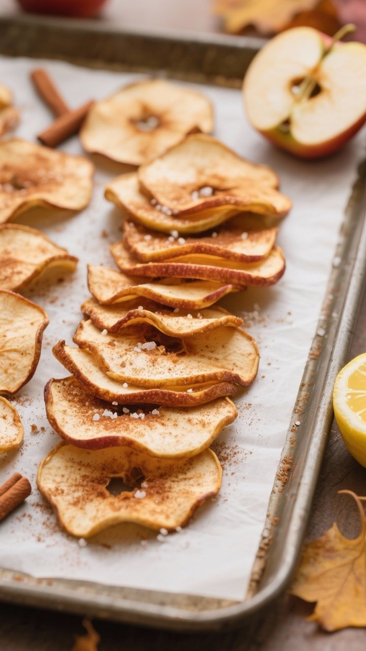 Close-up macro: Cinnamon-dusted apple chips arranged in overlapping layers on a parchment-lined baking sheet, edges slightly curled and caramelized. Visible specks of ground cinnamon, a glisten from optional sugar or maple sugar, and a hint of sea salt. Nearby: cored apple halves and a small dish of lemon juice. Cozy fall atmosphere with soft, warm light and gentle shadows, emphasizing crispness and apple texture.