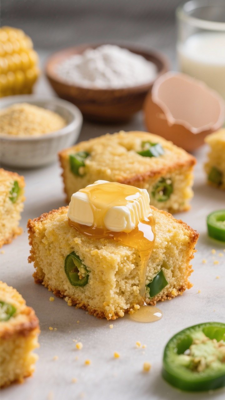 Close-up macro: mini jalapeño cornbread bites with a tender crumb and golden edges, studded with green jalapeño pieces and cornmeal texture. A pat of melting hot honey butter glistening on top (butter whisked with honey), drips catching the light. Ingredients hinted in background: small bowls of cornmeal, flour, sugar, baking powder, kosher salt, buttermilk, and a cracked egg; inviting, cozy bakehouse mood.