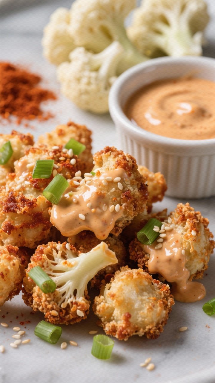 Close-up macro of bang-bang cauliflower bites showing craggy, ultra-crisp coating from flour and cornstarch seasoned with garlic powder, kosher salt, and smoked paprika; bites lightly tossed in creamy, spicy-sweet sauce with a hint of sheen; garnished with sliced scallions and sesame seeds; a ramekin of extra sauce nearby; background shows raw cauliflower florets and a dusting of smoked paprika; punchy, high-contrast lighting to make textures pop.