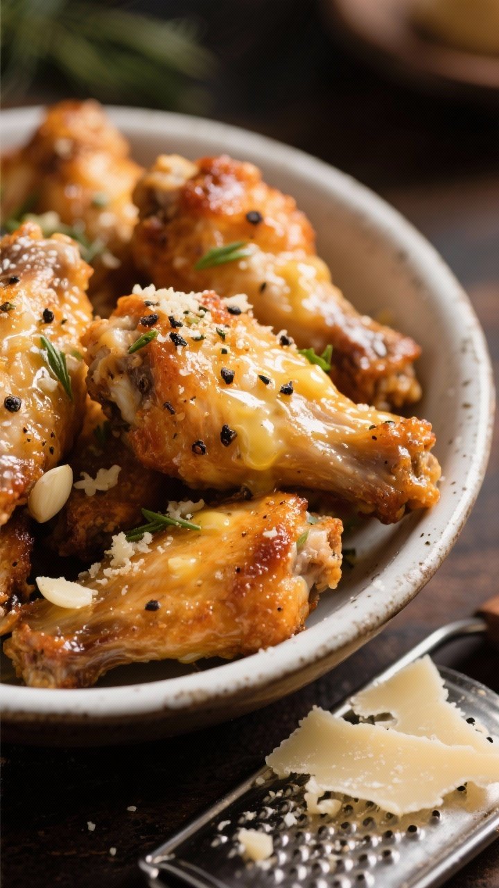 Close-up macro of garlic-parmesan butter wings just tossed: hot wings shimmering with melted unsalted butter infused with minced garlic, Italian seasoning, and black pepper; visible flecks of herbs and tiny garlic bits clinging to bubbly crisp skin; served in a shallow enamel bowl, a grater with fresh Parmesan shavings off to the side; cozy, rich lighting to highlight buttery gloss.