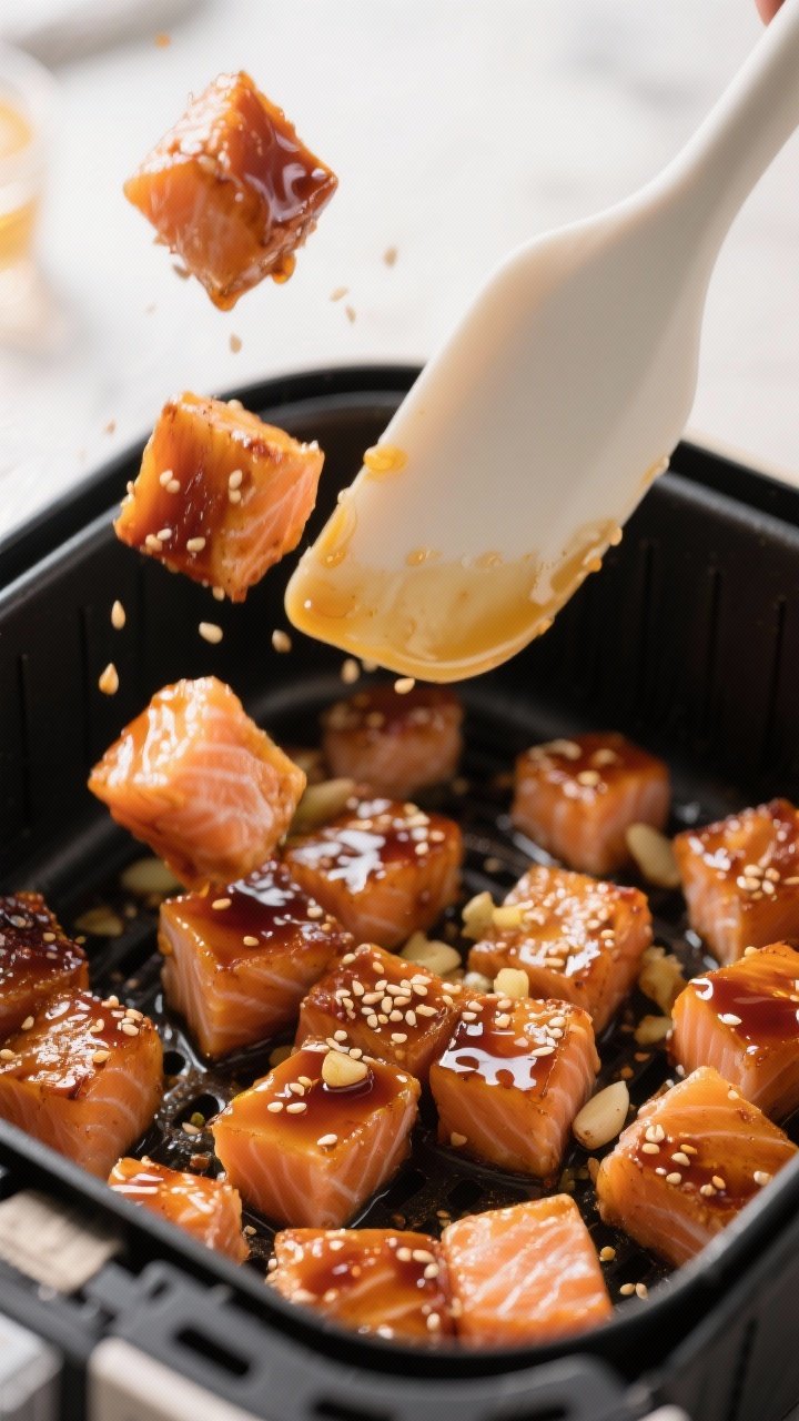 Close-up, mid-cook toss scene of honey-soy salmon bites in the air fryer drawer: 1-inch cubes glossy with a marinade of low-sodium soy sauce, honey, rice vinegar, sesame oil, minced garlic, and ginger, caramelizing on the corners; a silicone spatula mid-air above the bites to imply a shake/toss, sesame sheen and sticky glaze catching highlights.