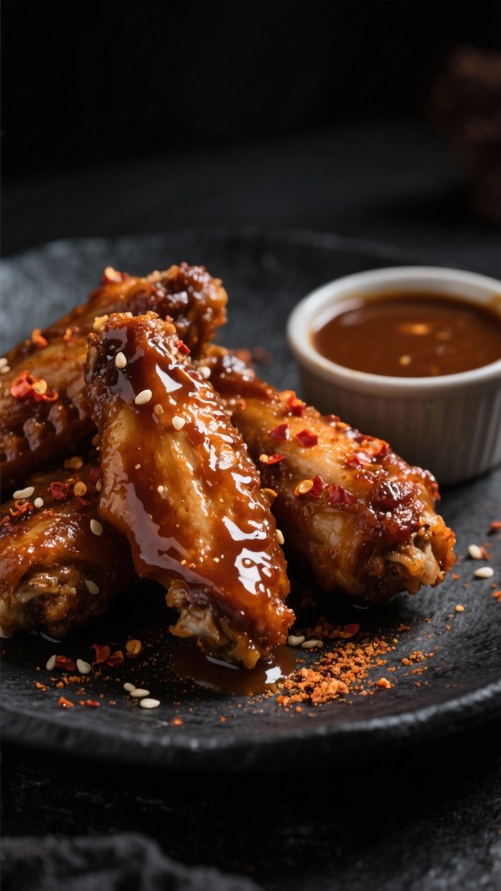 Close-up, moody low-key shot of wings coated in togarashi miso caramel: deep amber-brown lacquer from white miso, soy sauce, brown sugar, mirin, and rice vinegar, with a dusting of shichimi togarashi on top. The sauce clings without sogging the skin; sesame and chili flakes visible. Served on a charcoal plate with a small ramekin of extra miso caramel, dramatic highlights emphasizing sticky-crisp surface.