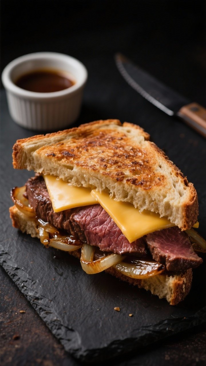 Close-up, moody steakhouse-style toastie cross-section: rye bread deeply toasted, ribbons of thin-sliced cooked steak or deli roast beef, two slices of Swiss melted into the meat, and a rich layer of caramelized onions glistening. Background props: a small ramekin of pan jus and a steak knife. Low-key lighting to emphasize savory textures and melted Swiss.