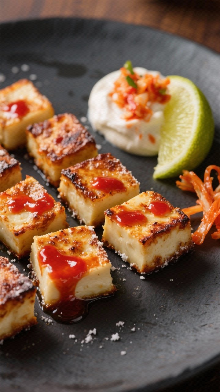 Close-up of blistered gochujang-glazed halloumi cubes: 1-inch cheese cubes lightly dusted with cornstarch then air-fried, showing squeaky, browned edges and sticky red glaze sheen. A dollop of kimchi-lime crema marbled with kimchi bits sits beside, with a lime wedge and a few kimchi strands for color; bold, funky heat captured on a matte charcoal plate.