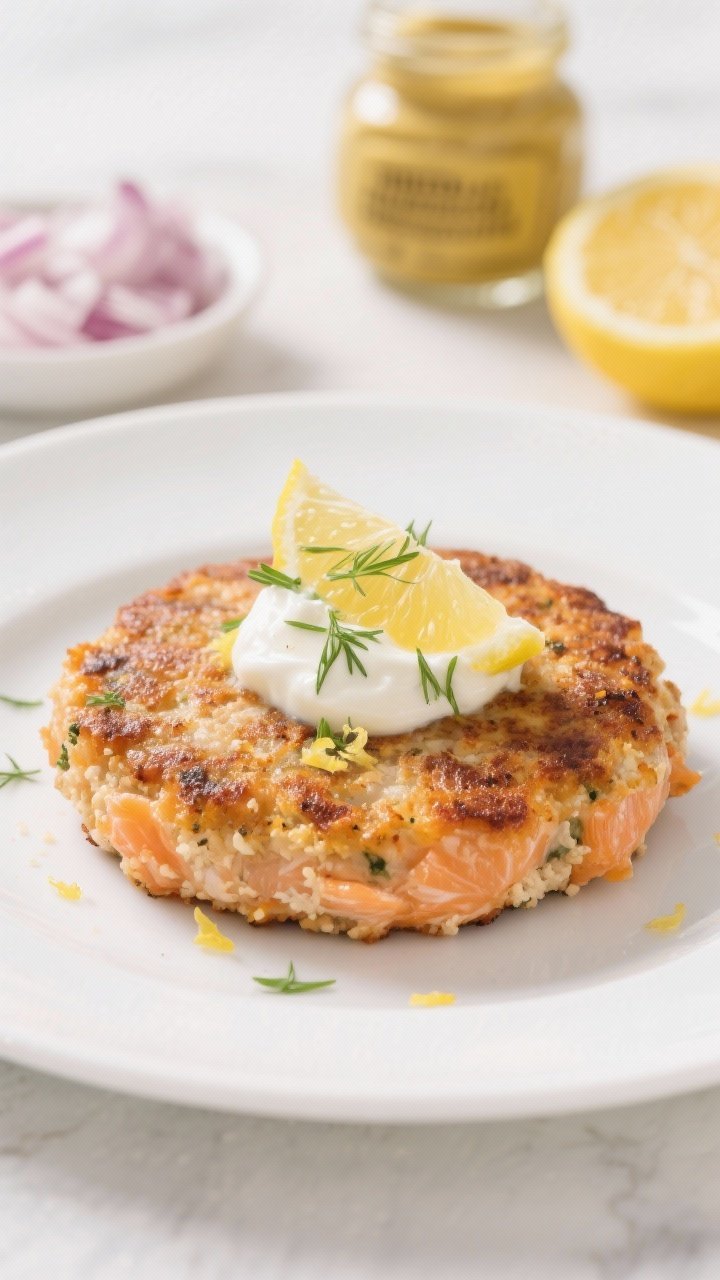 Close-up of budget salmon patties seared to a deep golden crust, flecks of salmon and breadcrumbs visible; dollop of lemon-dill yogurt on top with lemon zest and chopped dill; ingredients hinted in background: Dijon mustard jar, finely chopped onion, lemon half; shallow depth of field, clean white plate for color contrast.