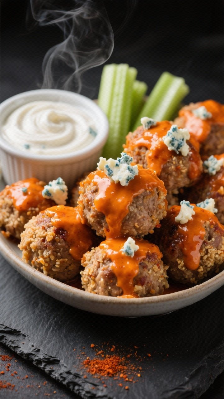 Close-up of buffalo turkey meatballs piled in a shallow dish, lacquered with vivid orange buffalo sauce, steam visible; texture shows panko-boosted crumb and flecks of smoked paprika, garlic, and onion powder; served with a side ramekin of creamy blue cheese dip swirled with Greek yogurt, crumbled blue cheese on top, and celery sticks for contrast on a dark slate background.
